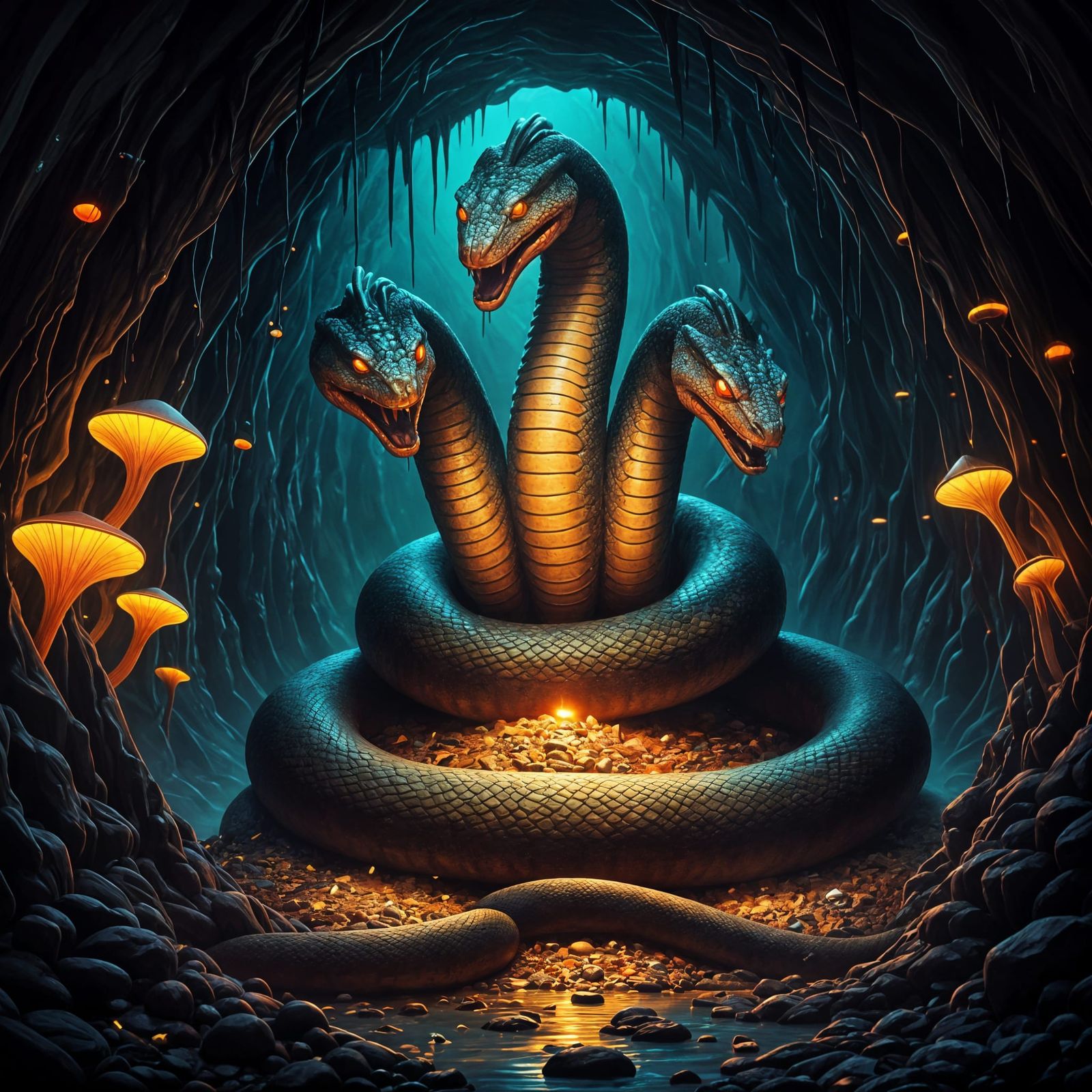 Three-Headed Serpent Guarding Treasure in Cavern
