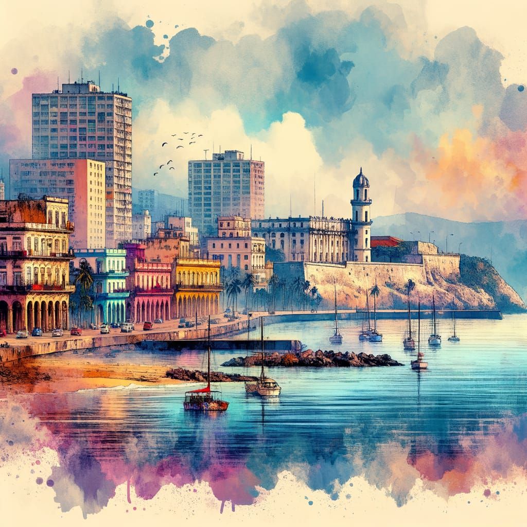 Vibrant Havana Cuba: A Vintage Ink and Watercolor Illustrati...