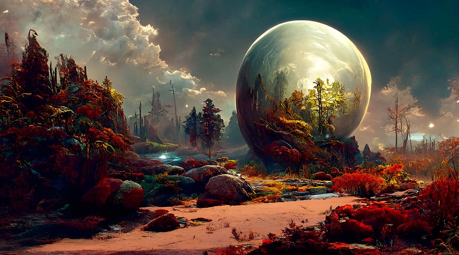 Surreal Alien Moonrise Over a Fantasy Forest