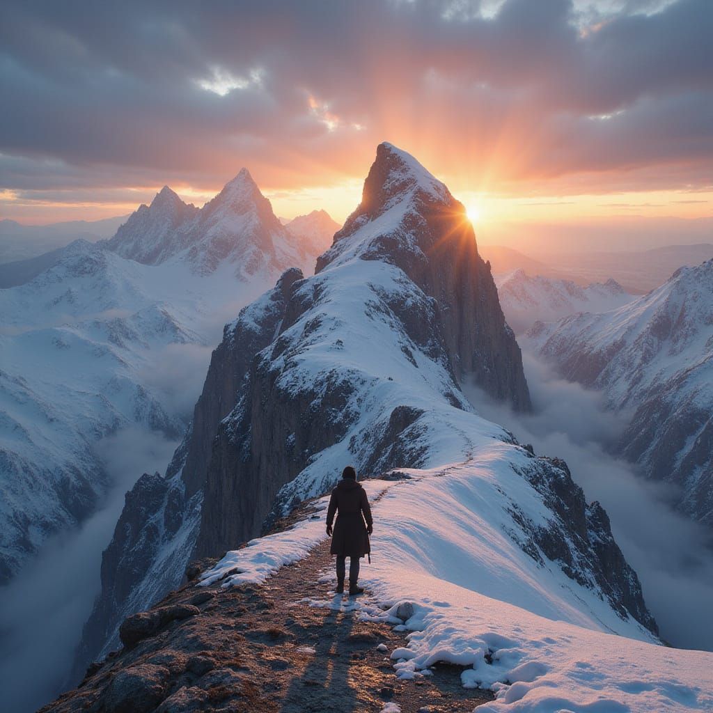 Epic Fantasy Mountain Summit in Resplendent Winter Sunrise