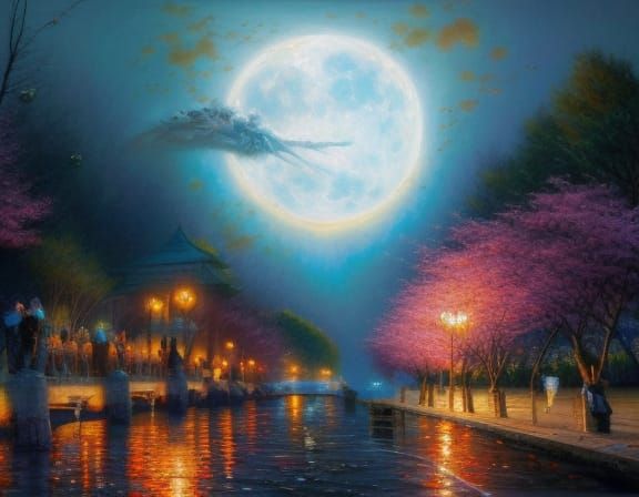 Cherry Blossom City Under Moon, Detailed Oil Painting