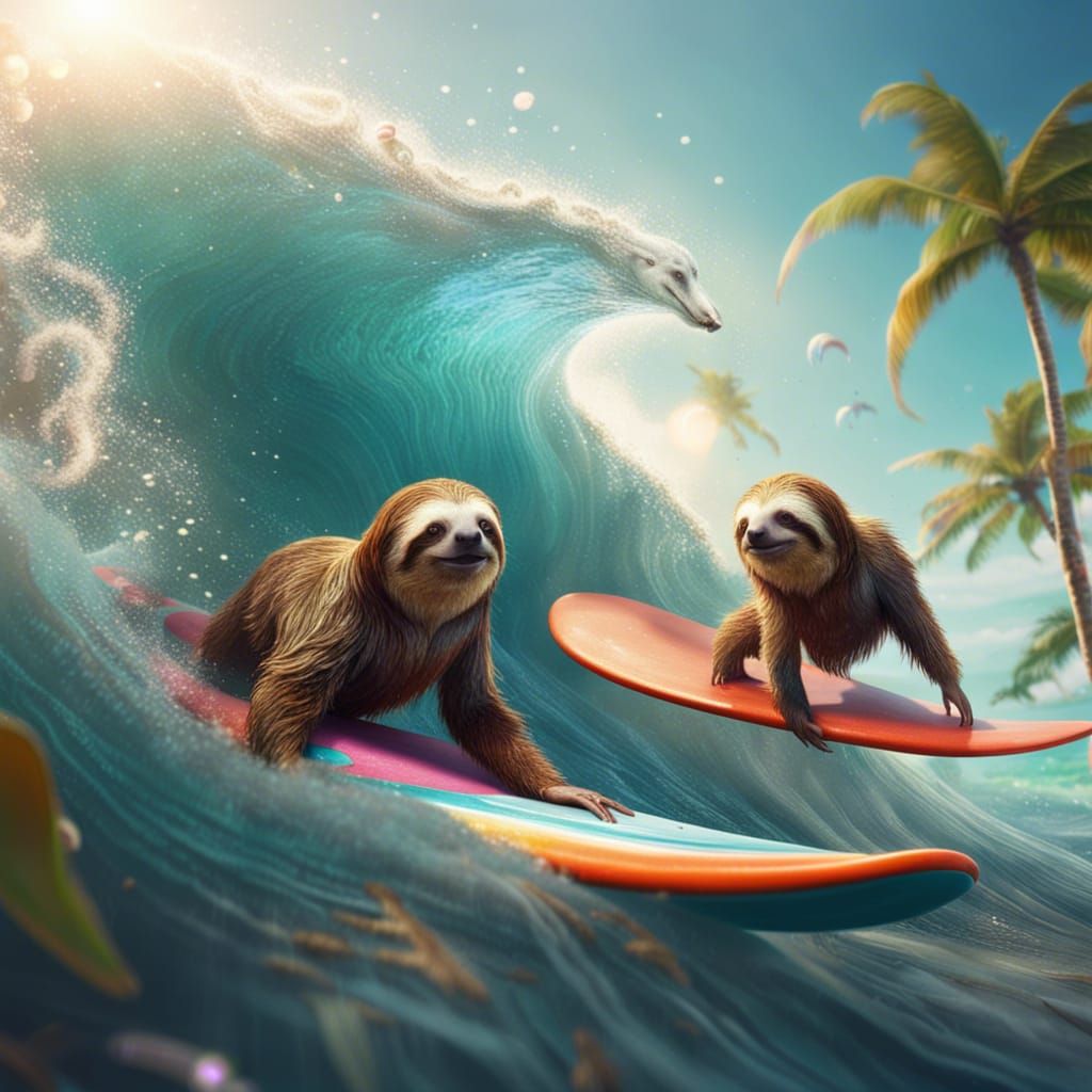Sloths Surfing on a Sunny Day: Fantasy Concept Art