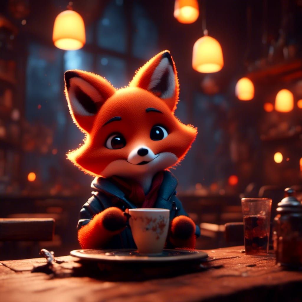 Cute Fox Cub Drinks Coffee in Night Cafe