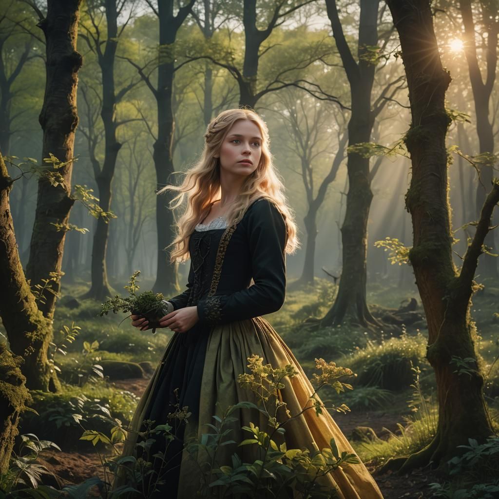 Woman in Spring Forest at Sunrise, Photorealistic