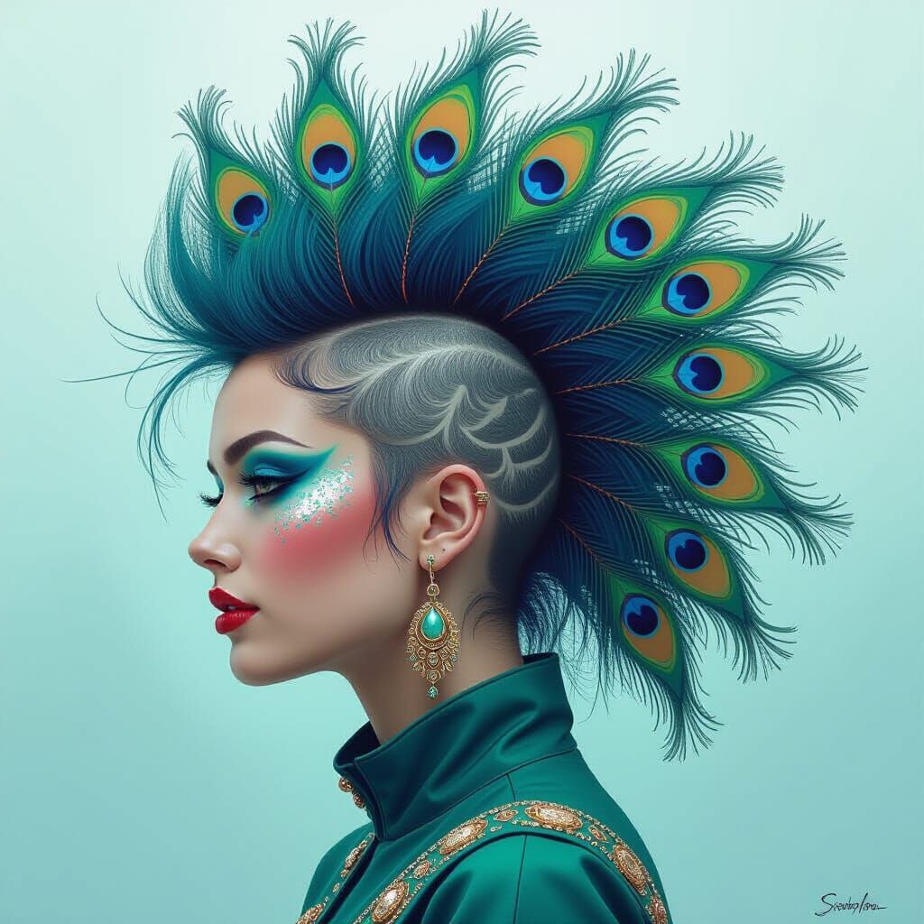Peacock Feather Mohawk in Digital Surrealism Style