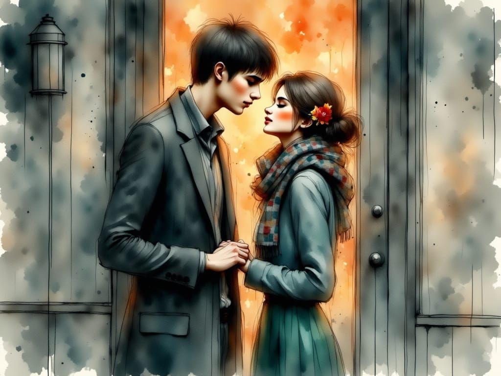 Tender Moment in Whimsical Ink Style