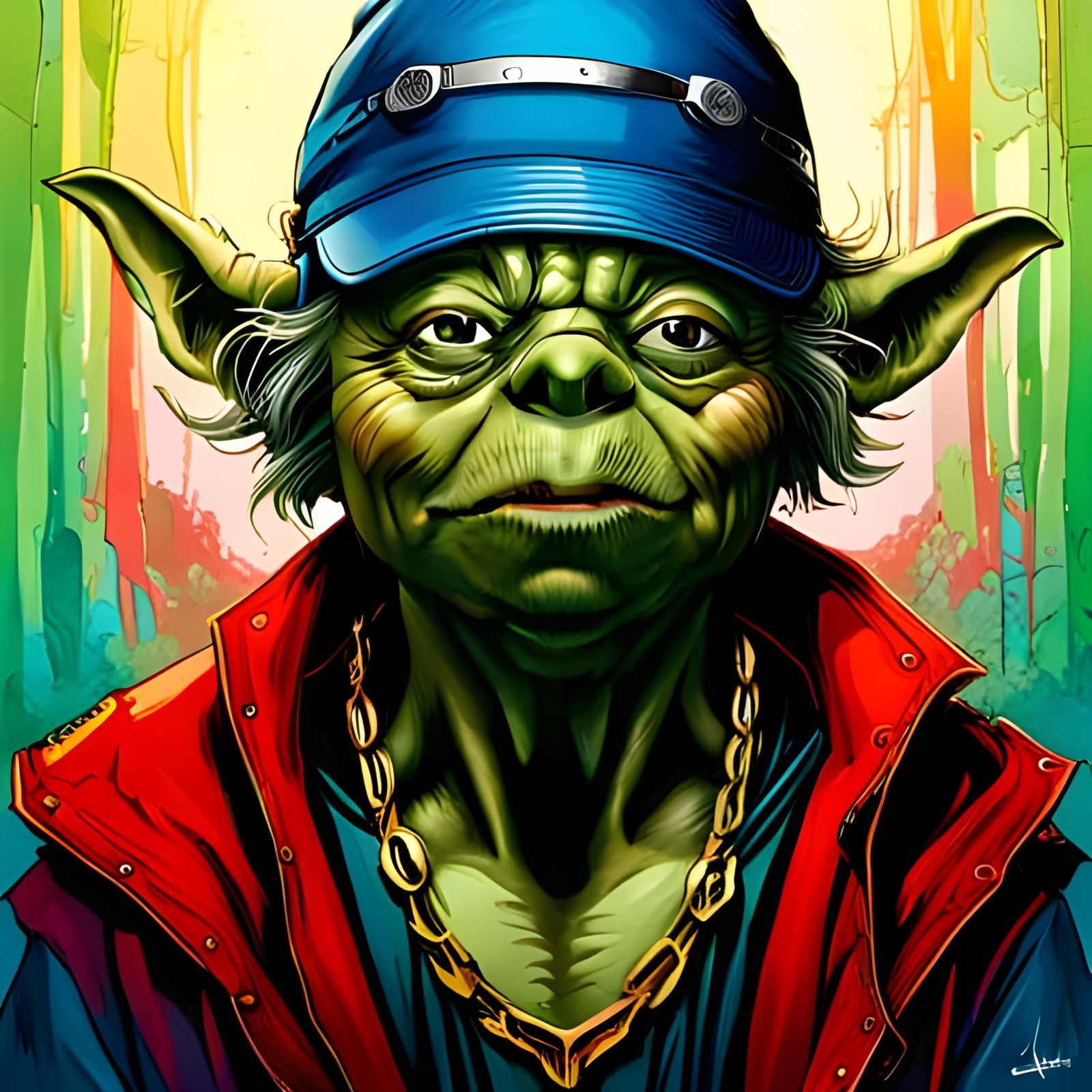 Muscular Yoda Portrait with Sunglasses and Gold Chains
