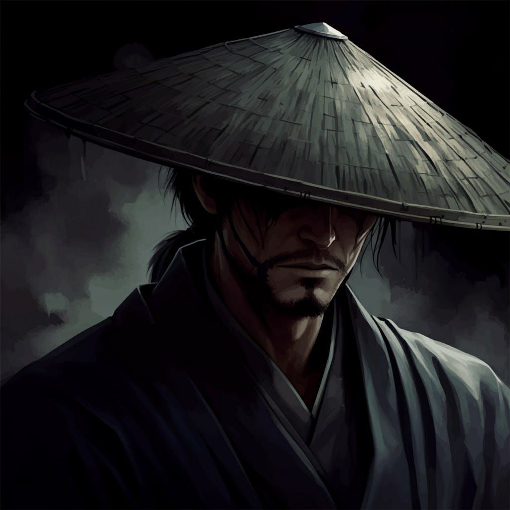 Samurai in Straw Hat, Dark Fantasy Illustration