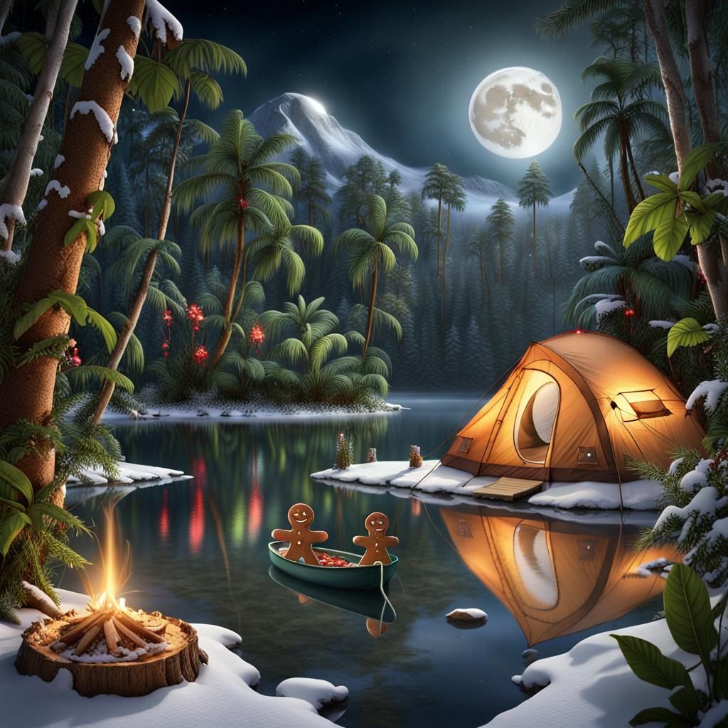 Gingerbread man camping on a snowy lake in the rainforest at Christmas Eve