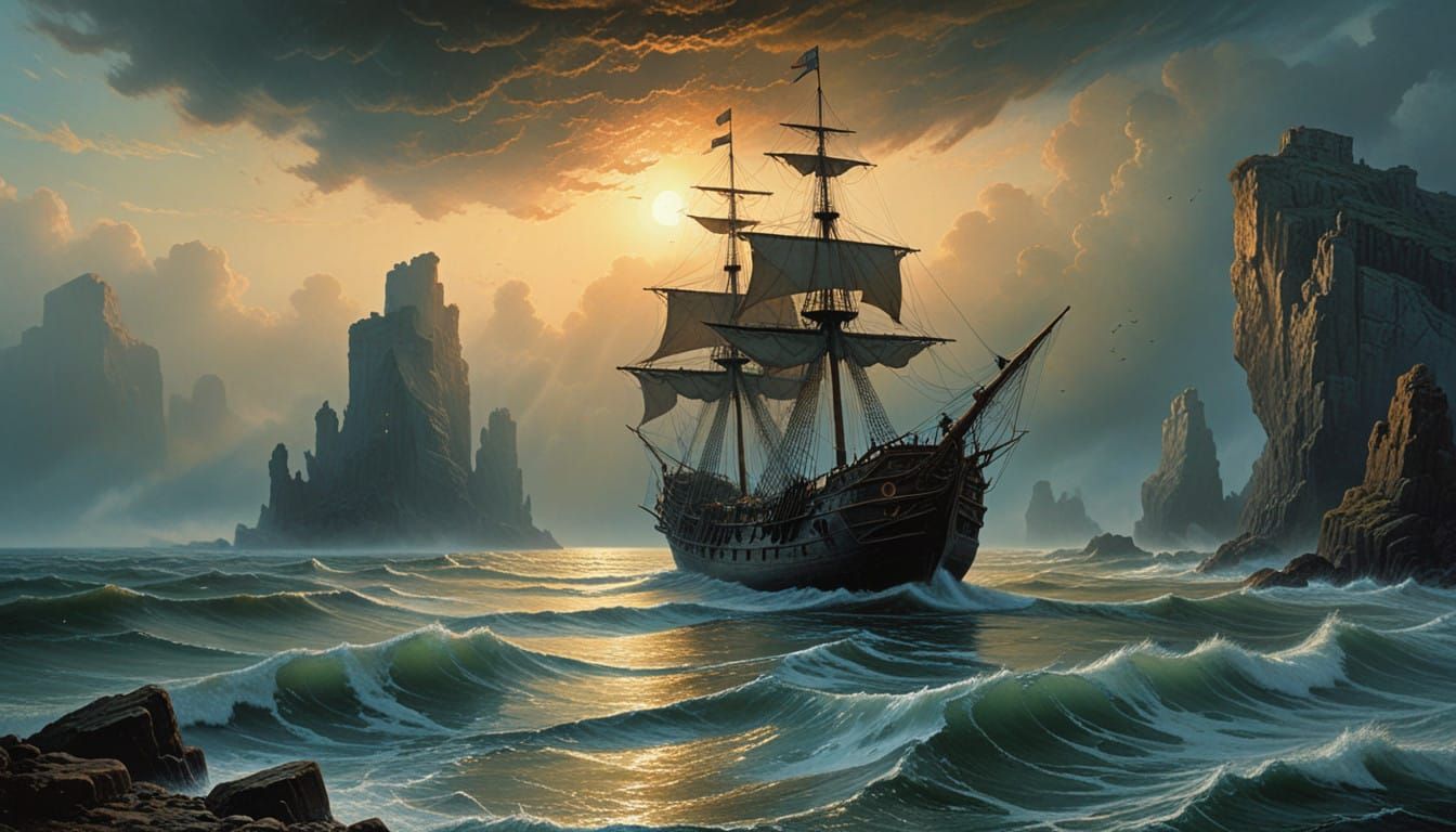 Surreal Romanticized Shipwreck in a Dreamlike Seascape
