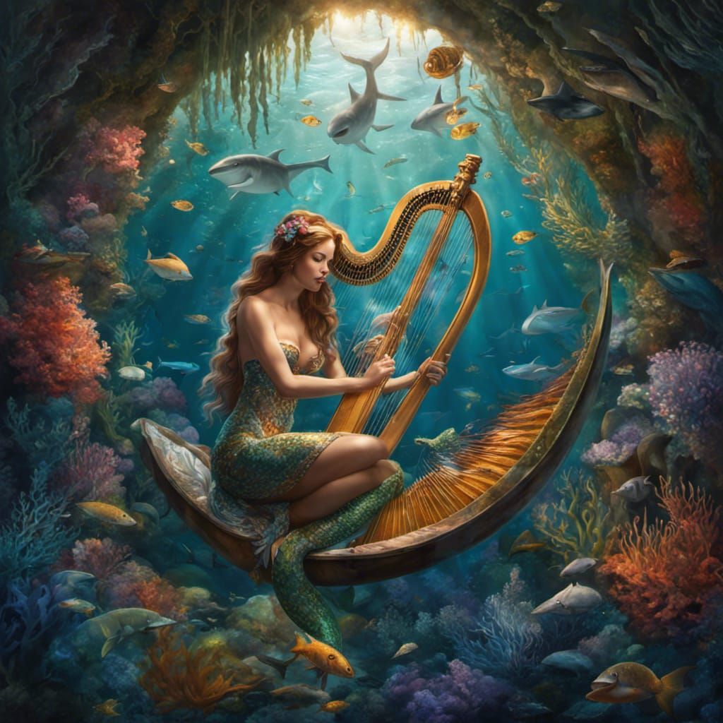 Mermaid Playing Harp in Seashell, Hyperrealistic Art