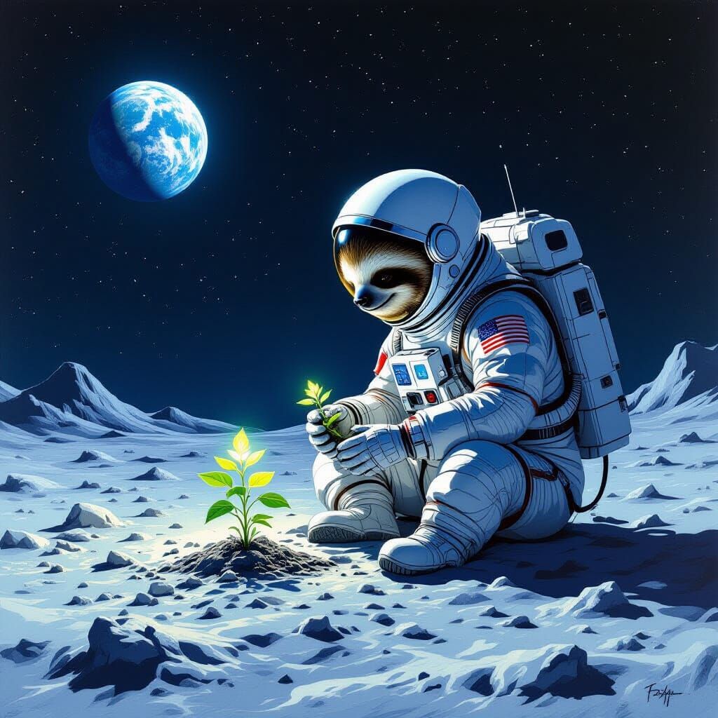 Sloth Astronaut Tends Alien Plant on Moon