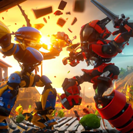 Lego Robots Fighting: Detailed Matte Painting