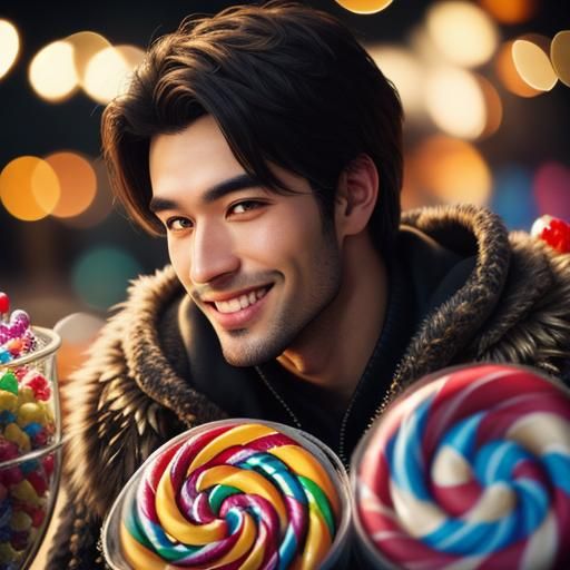 A Smiling Samoan Man Surrounded by Candy in a Professional P...