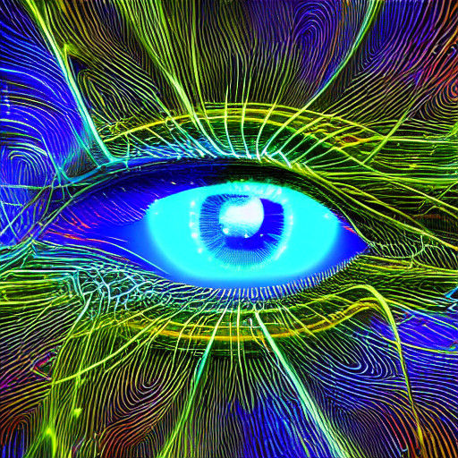 Neon Cybernetic Eye in Fractured Code Streams