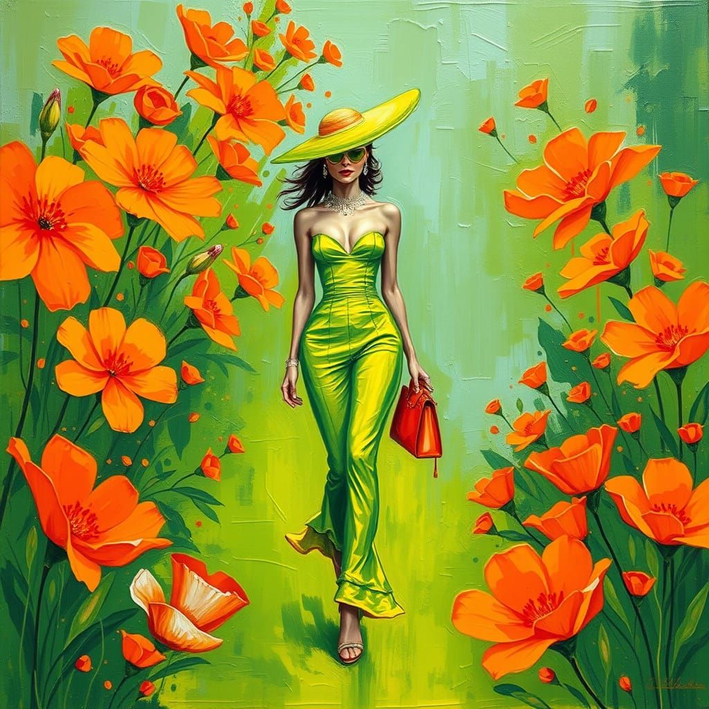 Neon Fashionista on Floral Path in Neo-Impressionism