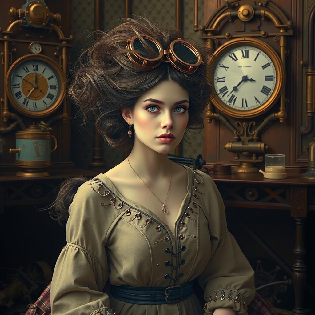 Steampunk Woman Before Steam Engine in Industrial Futurism S...