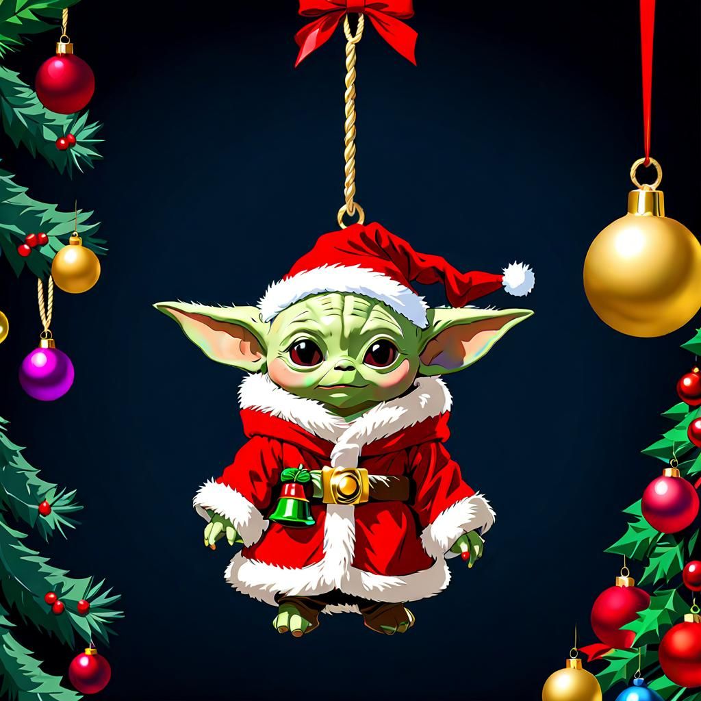 Baby Yoda all dressed up for Christmas hanging from a bell r...