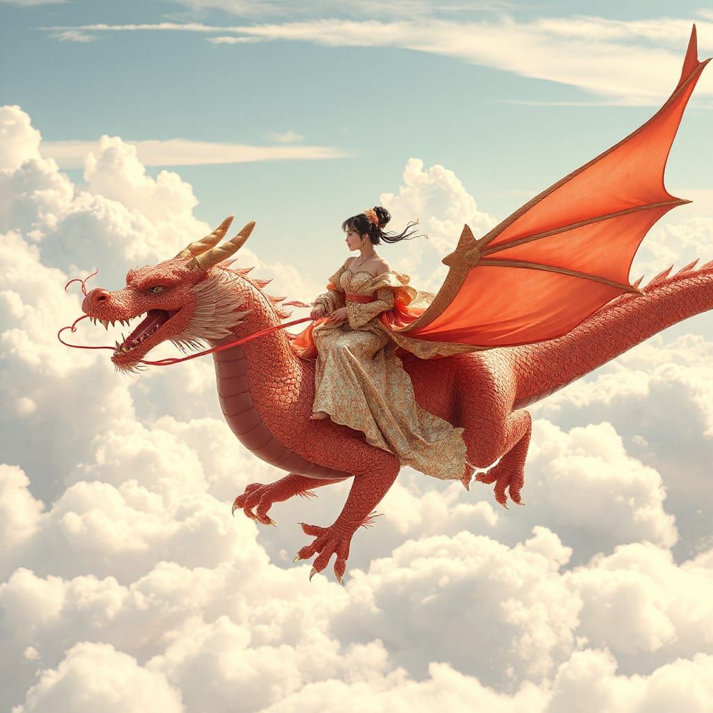 Sakura Dragon Soaring Through Clouds with Rider