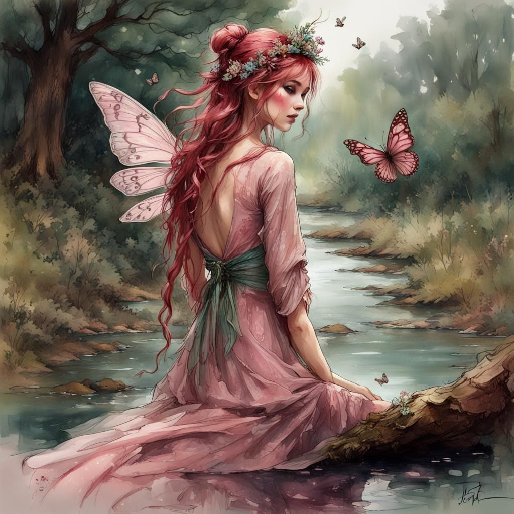 Fairy in Wildflower Landscape: Digital Cottagecore Illustrat...