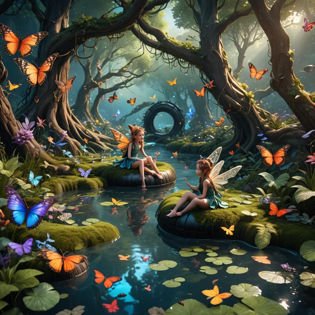 Fairies Float on Stream in Enchanted Forest