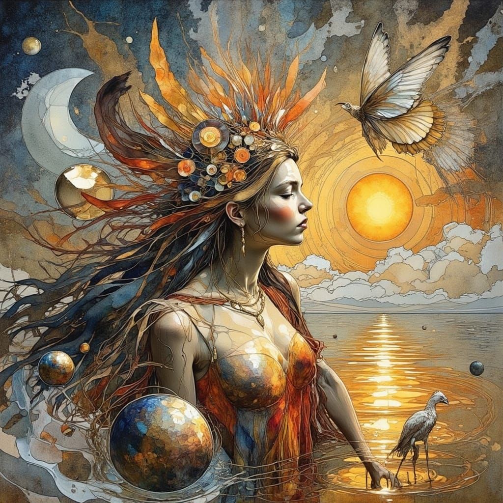 Surreal Woman in Tempera with Gold Leaf Accents