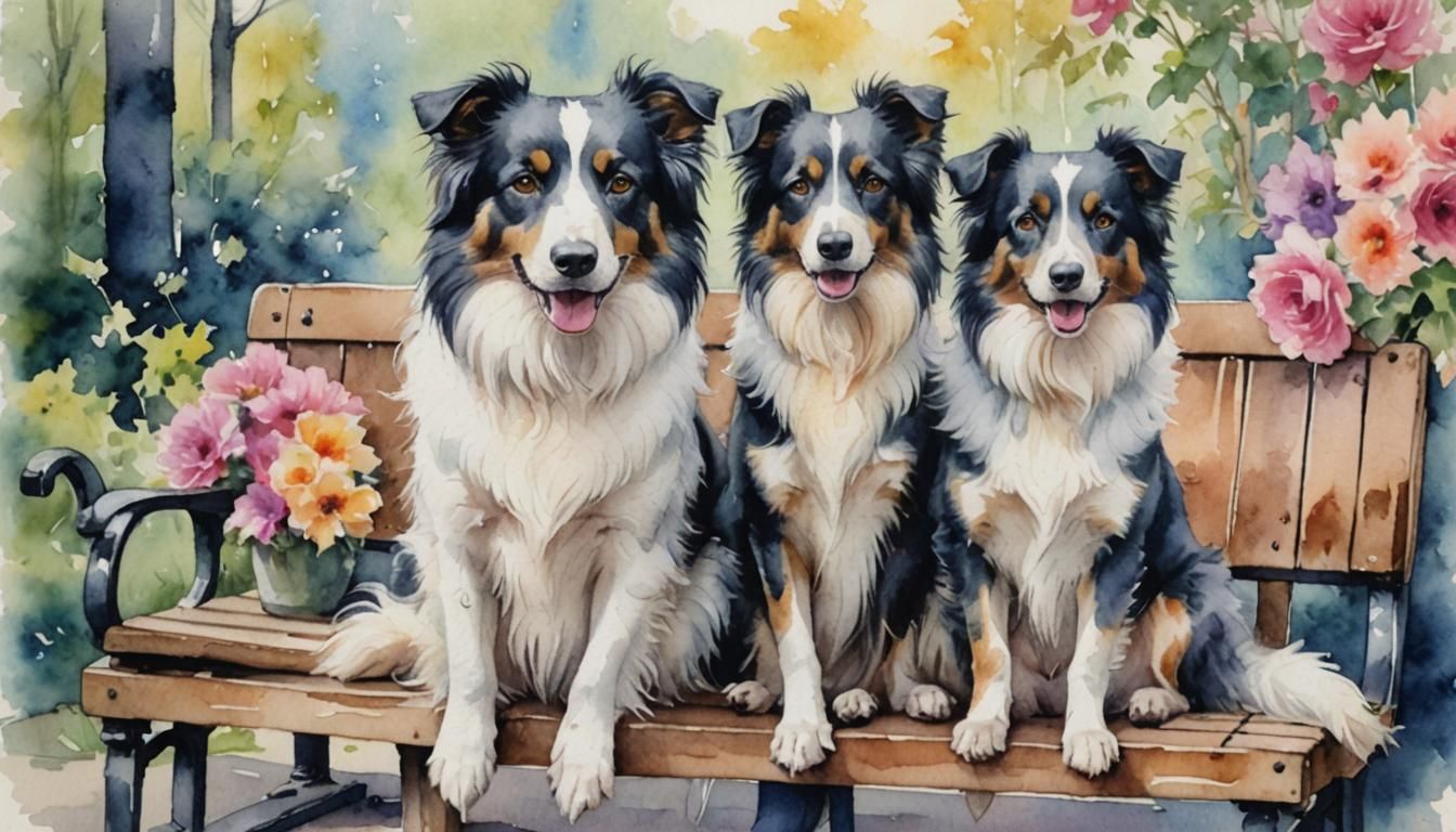 Colorful Fluffy Border Collies in Watercolor Style