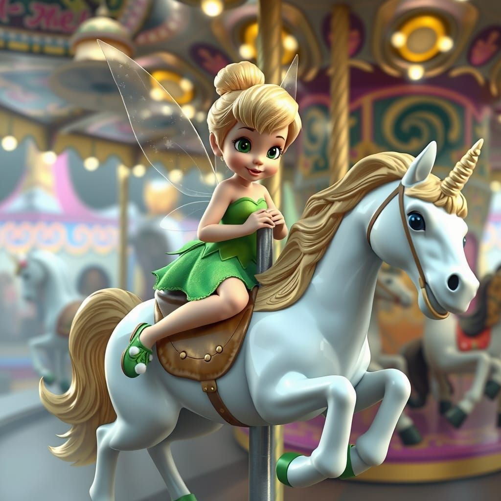 A 3D render of a fairground scene with a carousel. The carousel is well in zoomed in on a section where Tinker Bell is s...