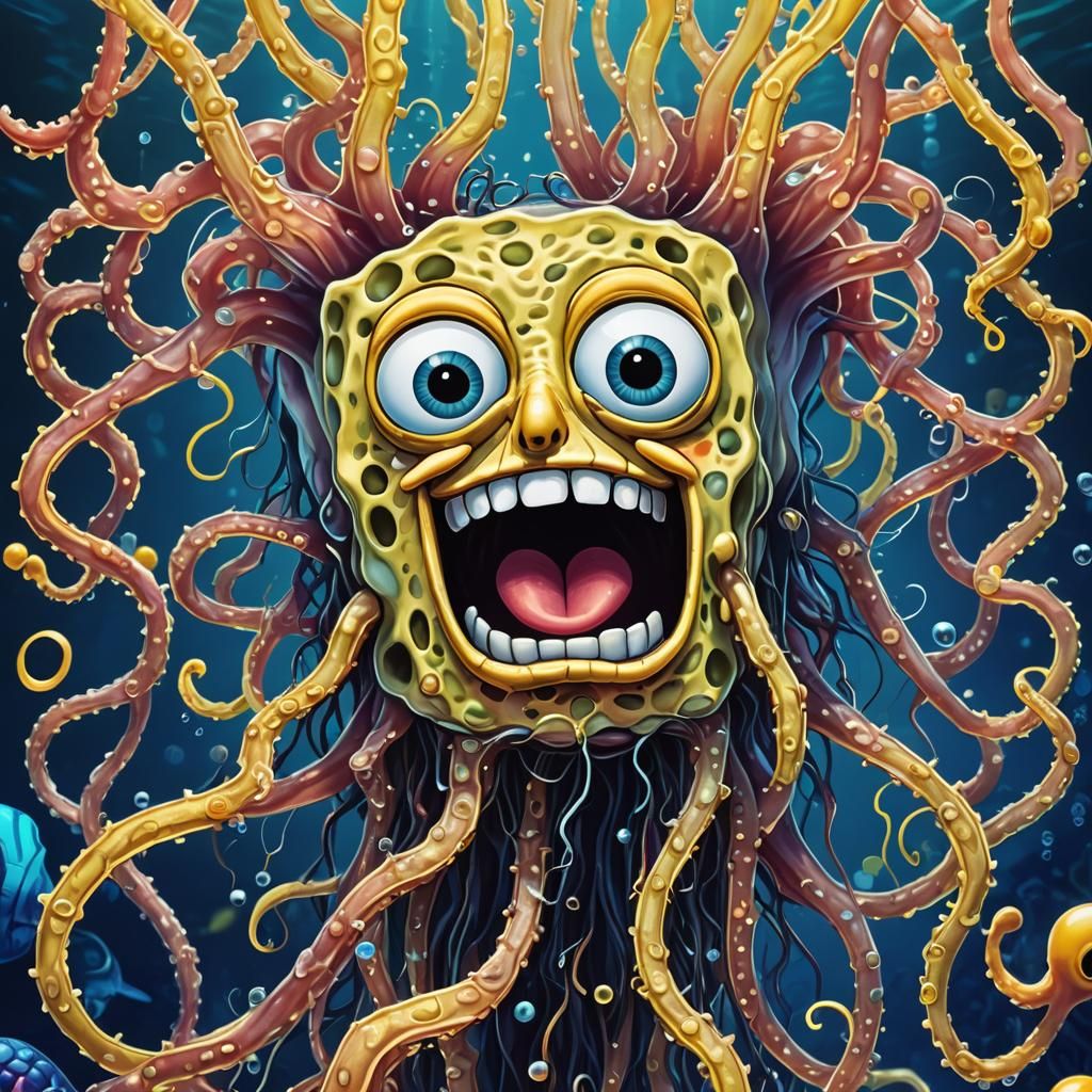 Spongebob's Surreal Underwater Close-Up: Digital Cartoon Ill...