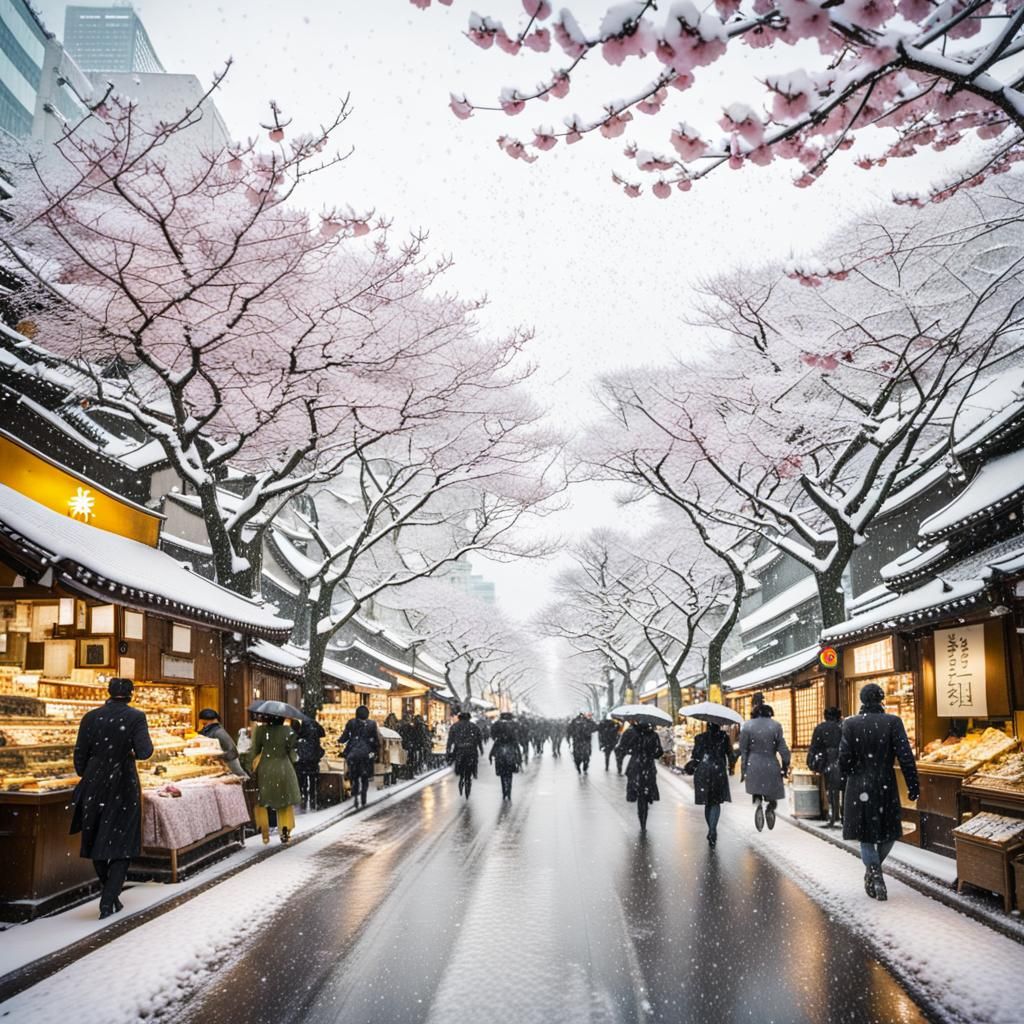 Snowy Tokyo Street Scene with Cherry Blossoms