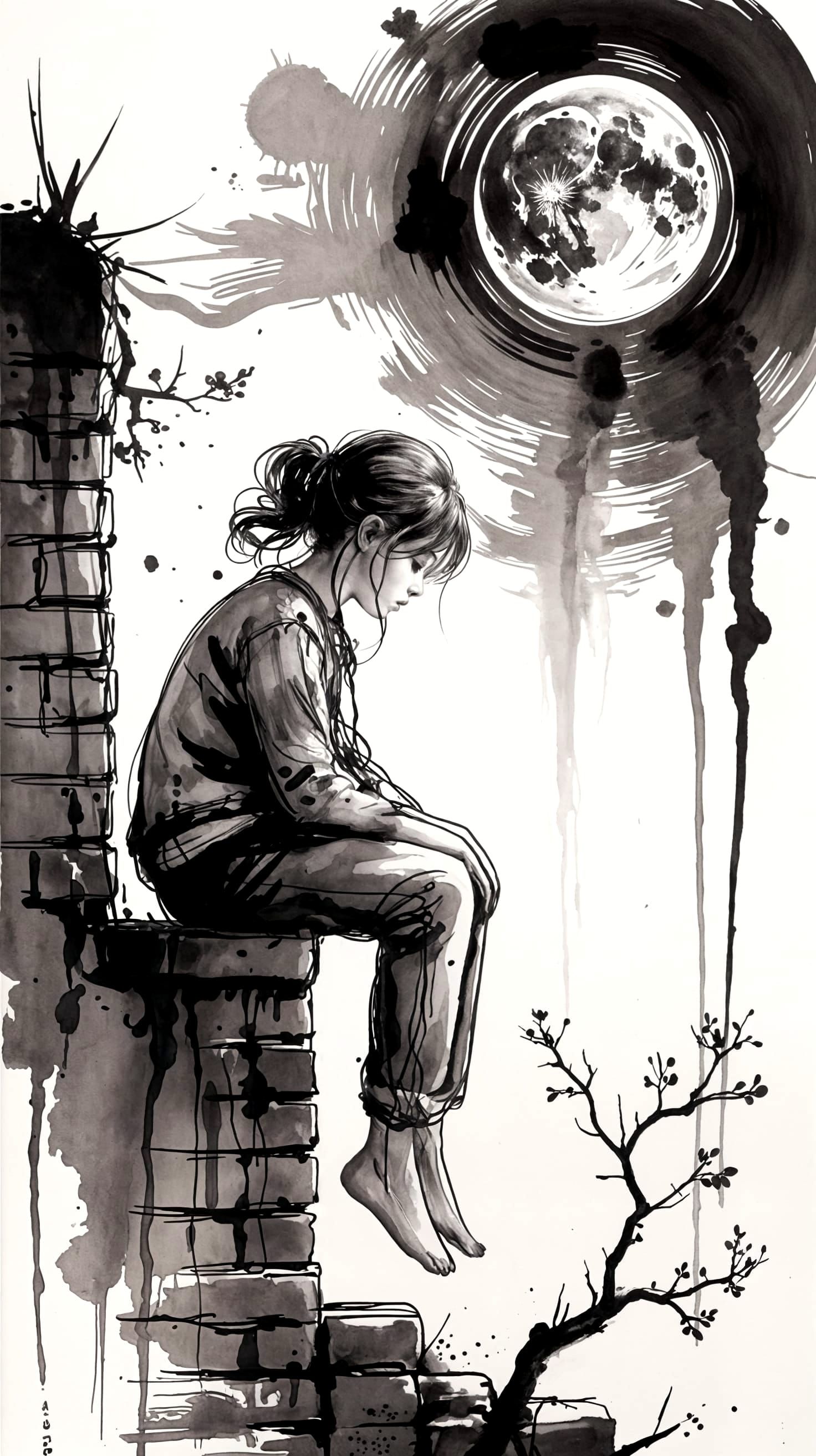 Melancholic Girl Under Moon in Ink Wash Painting