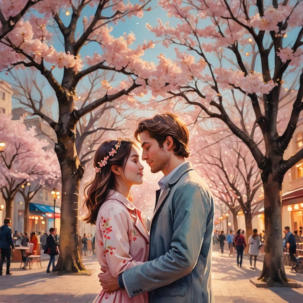 Romantic Comedy Scene Under Cherry Blossoms