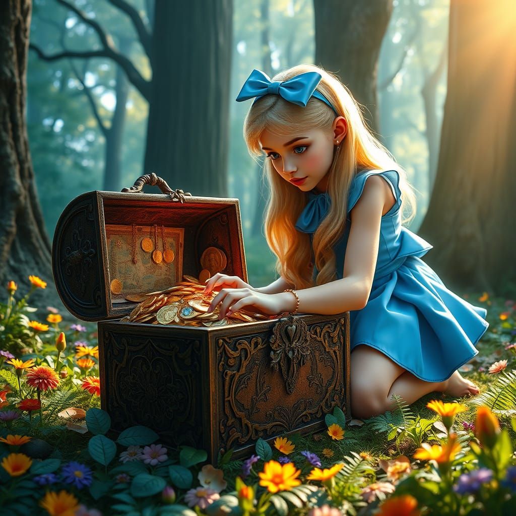 Whimsical Alice Unveils Treasure in Enchanted Forest