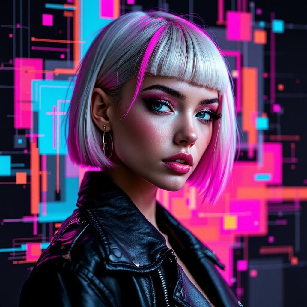 Cyberpunk Glitch Portrait of Woman with Pink Streaks