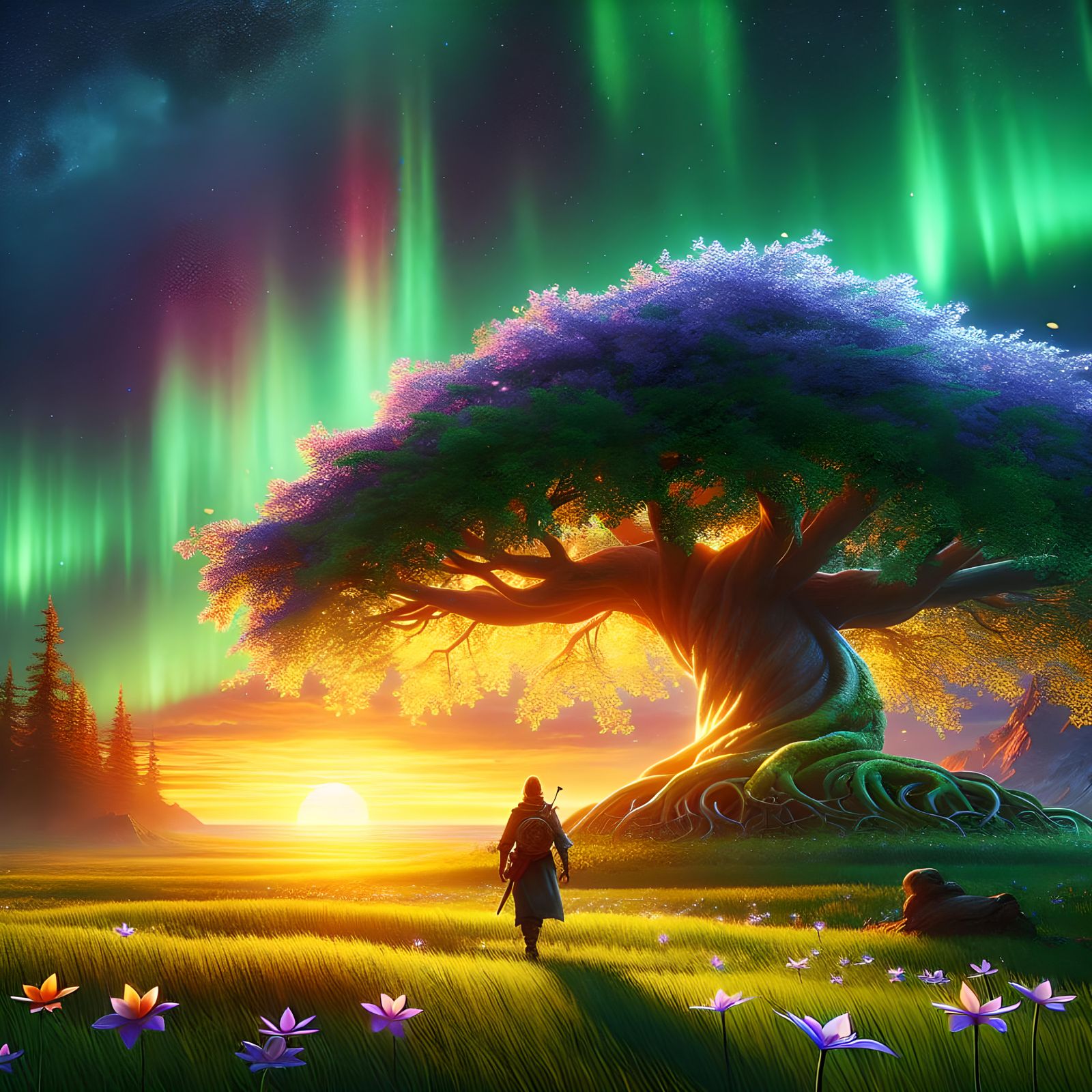 Wanderer Under Aurora at Sunset