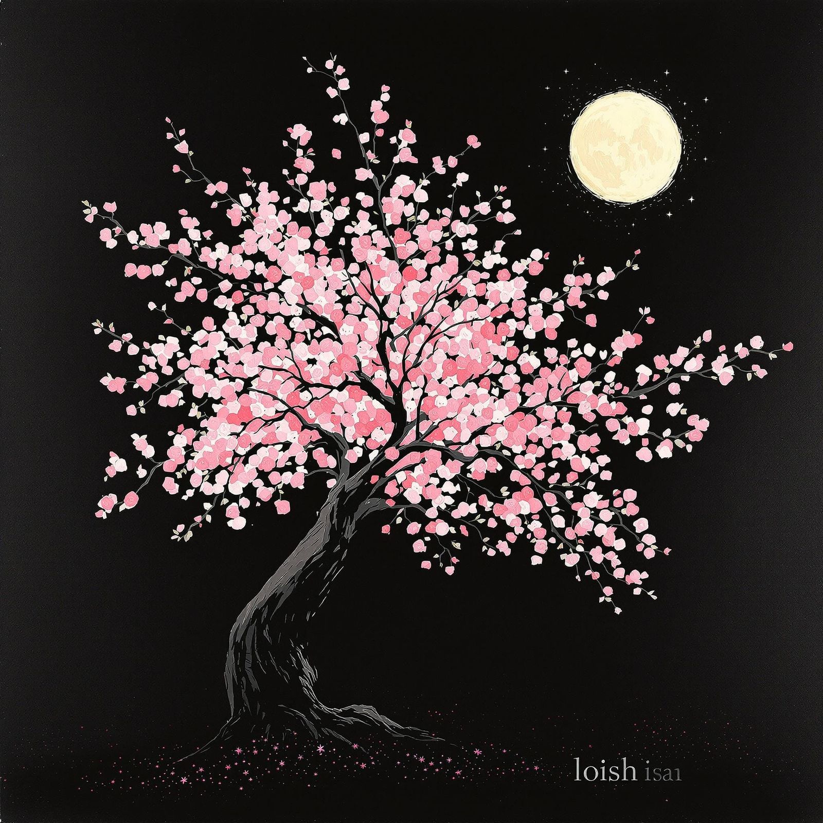 Moonlit Sakura Tree in Impasto Watercolor Style