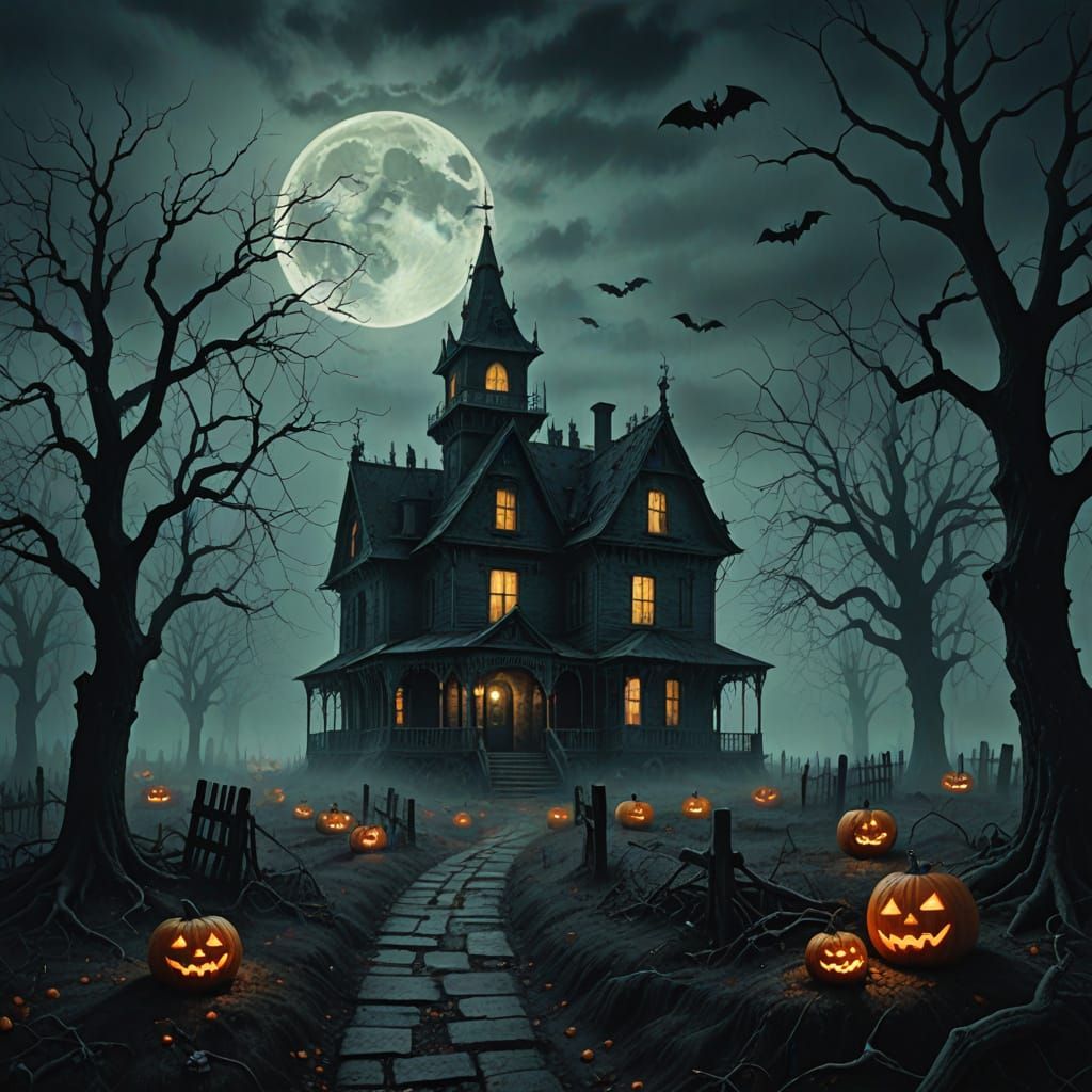 Surreal Halloween Night with Haunted Houses and Ghostly Cand...