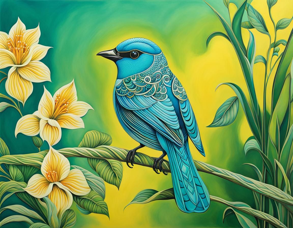 Aqua Bird in Zentangle Style, Landscape Background