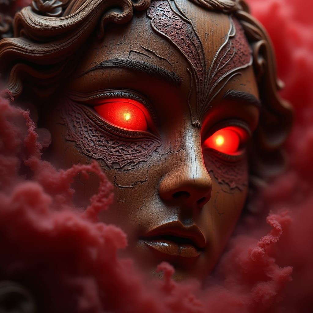 Crimson Mist Reveals Intricate Wooden Eyes