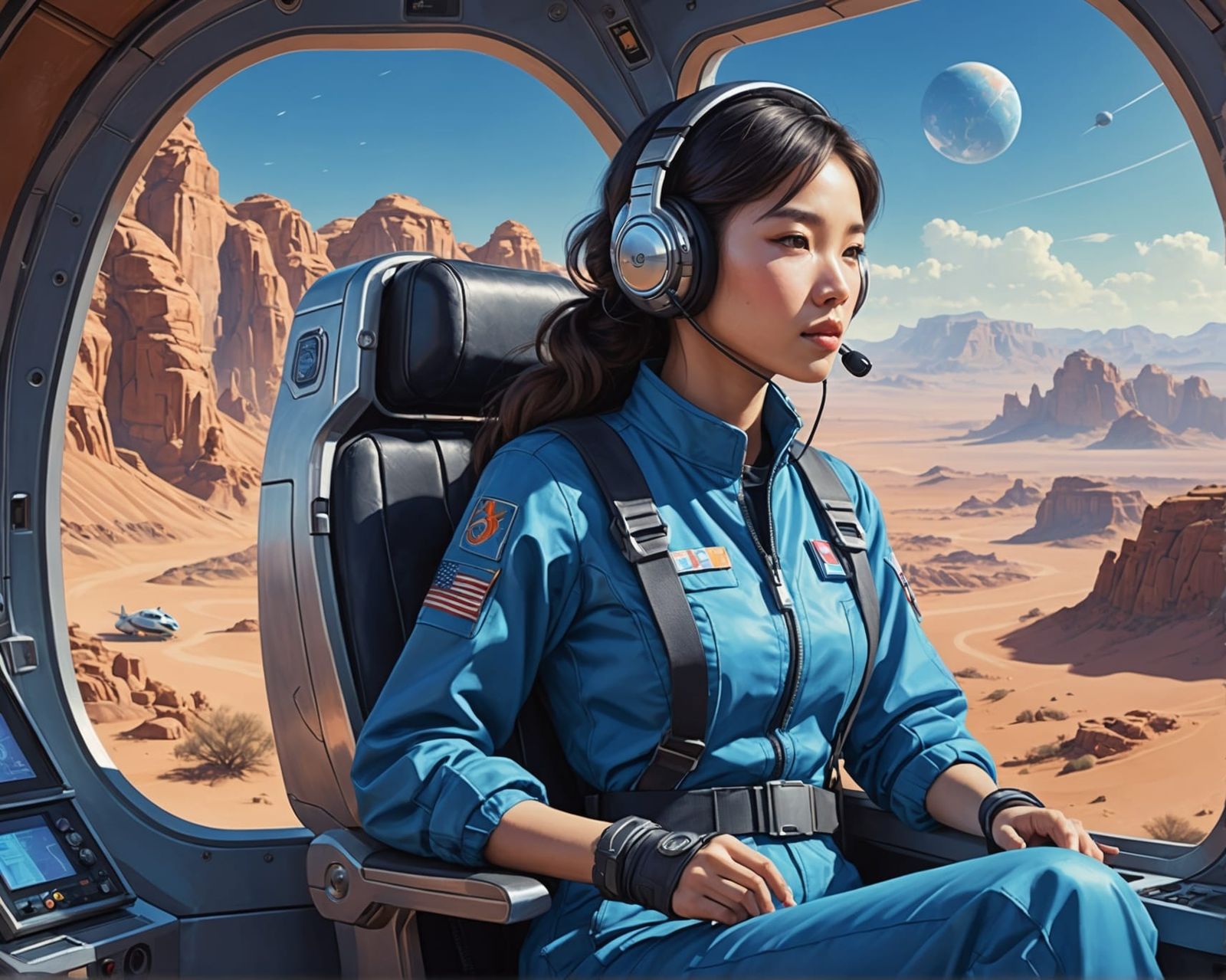 Girl in Futuristic Craft on Desert Planet