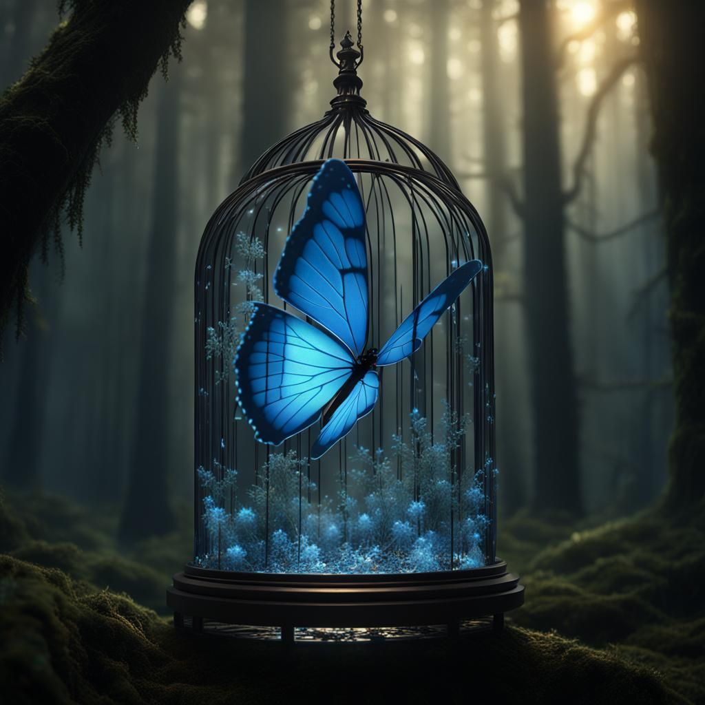 beautiful bioluminiscent blue butterfly inside a crystal fai...