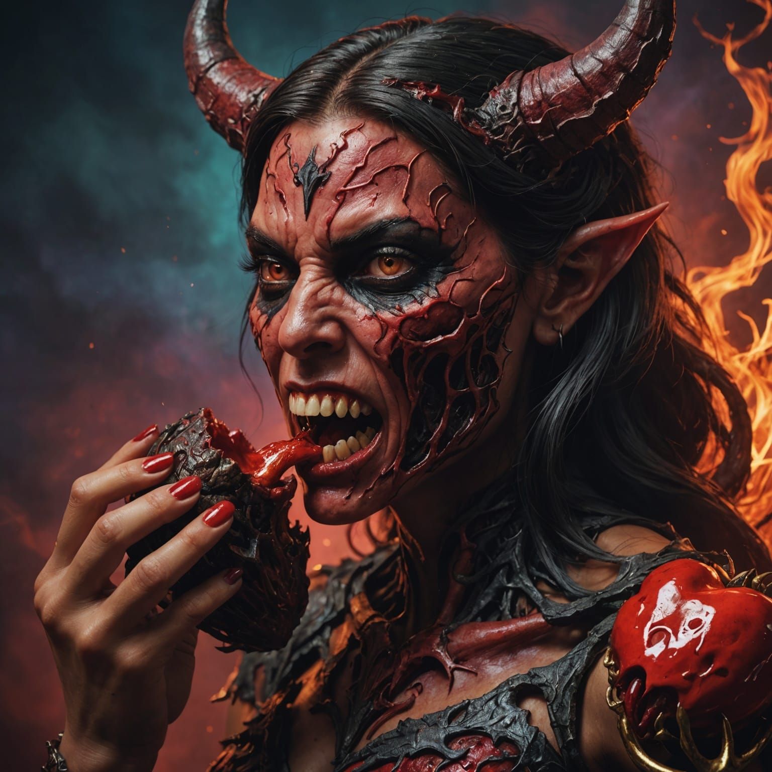 Hyperrealistic Demon Eating a Heart in Splash Art Style