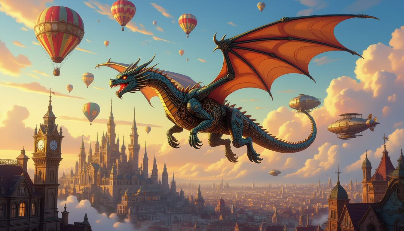 Clockwork Dragon Soars Over Steampunk City
