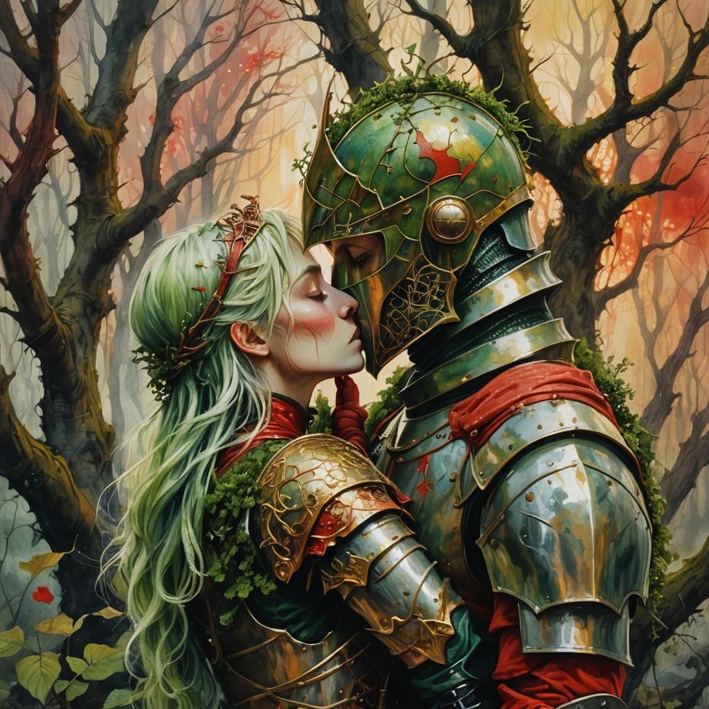 Knights' Kiss: Dystopian Surrealism in Watercolor Texture