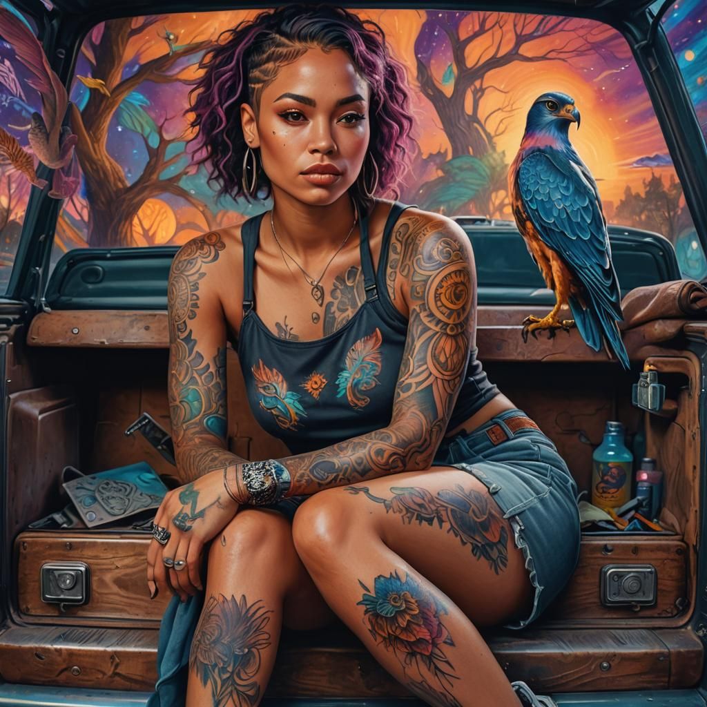 Falcon Tattoo: Surreal Fantasy Oil Painting