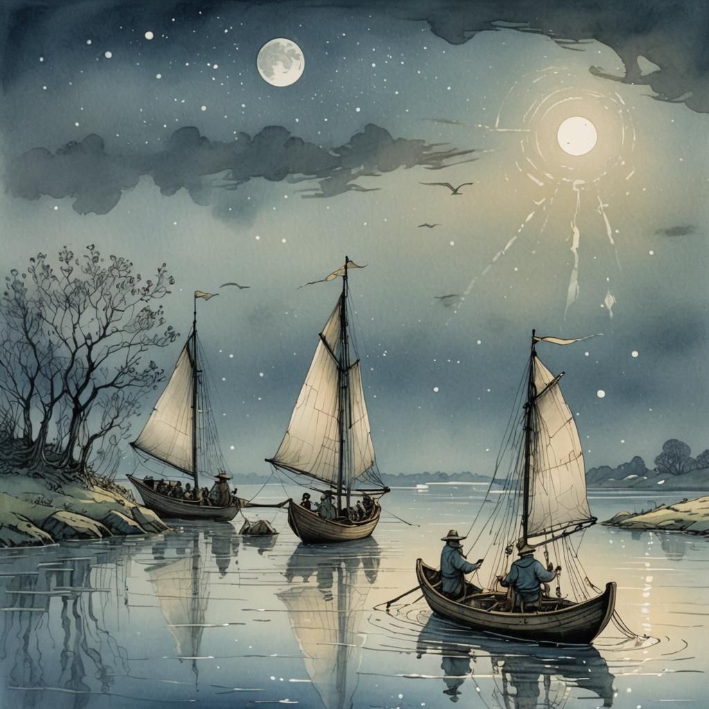 Fishermen Sail on Crystal River in Dreamy Watercolor