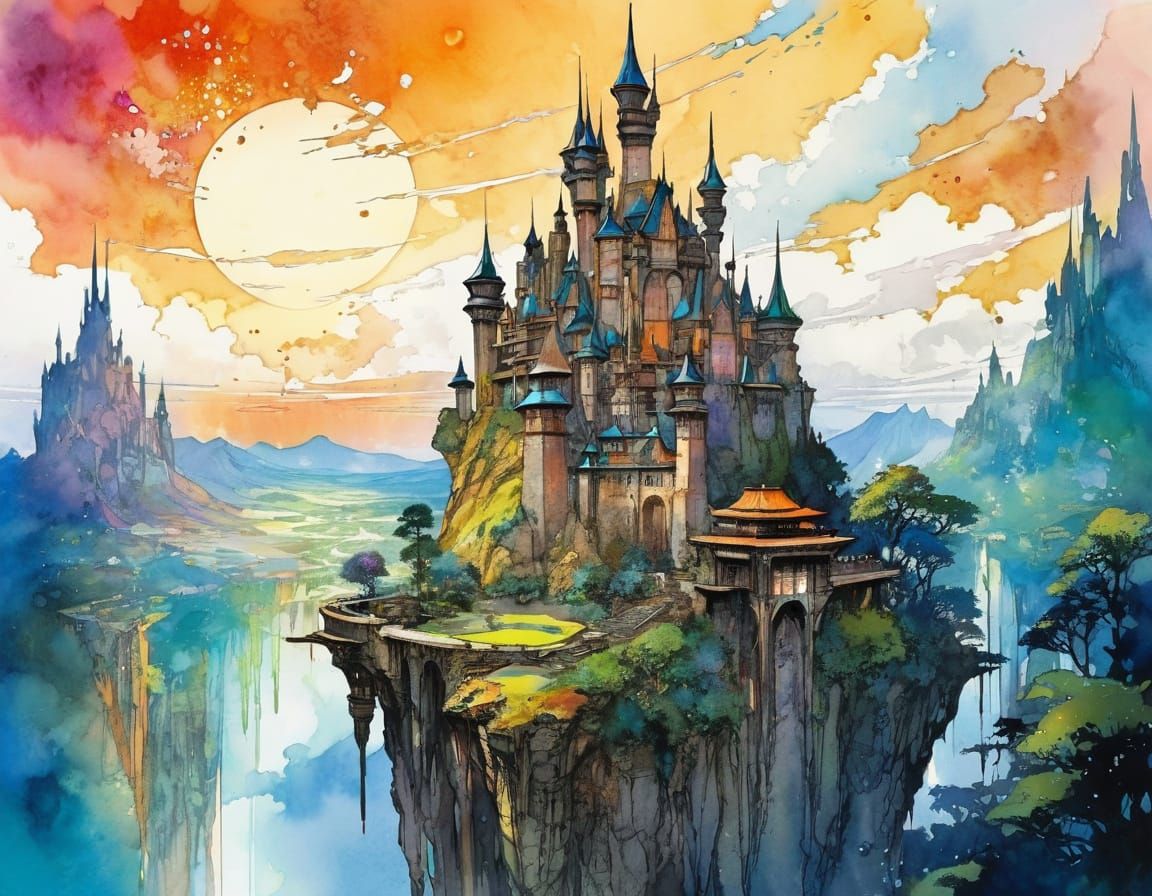 Fantasy Castle in the Sky with Dramatic Lighting