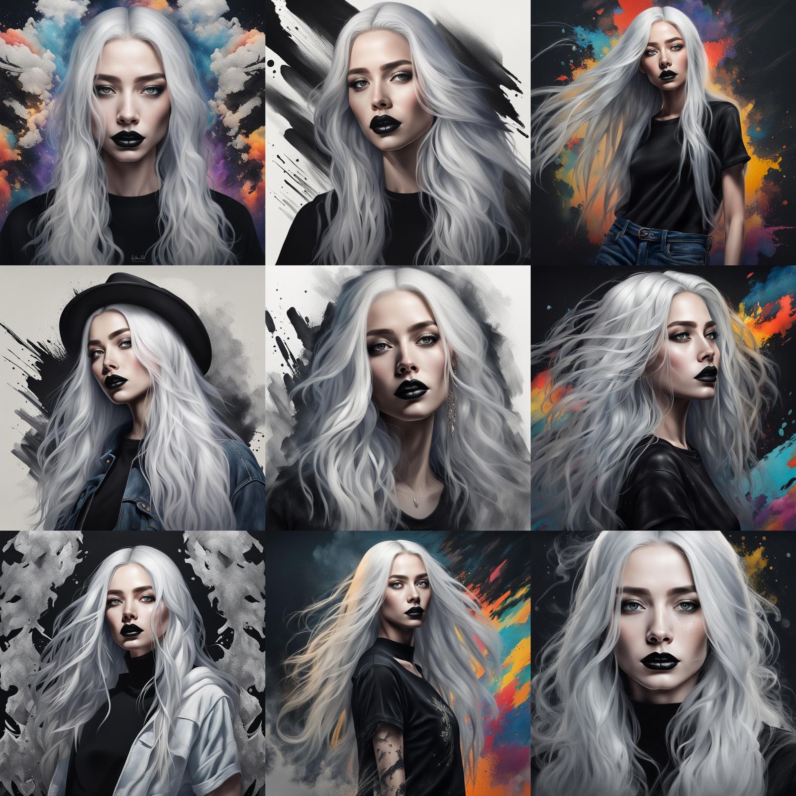 Hyperrealistic Woman with White Hair and Black Lipstick
