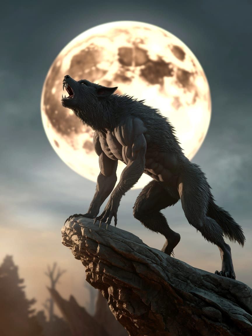 Hyperrealistic Werewolf Howling at Harvest Moon
