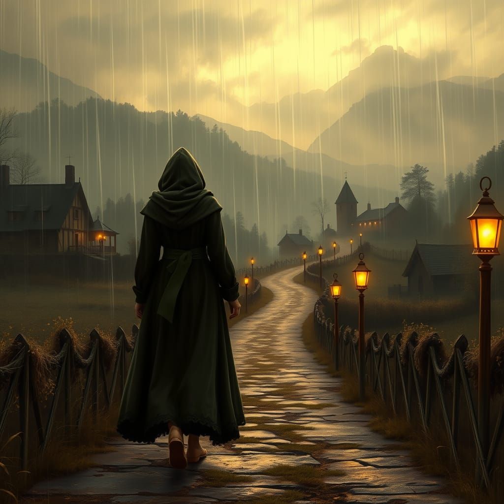 Medieval Woman Walks Rainy Road in Sepia Fantasy Style